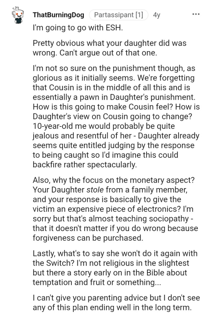 How is daughter's view on Cousin going to change?