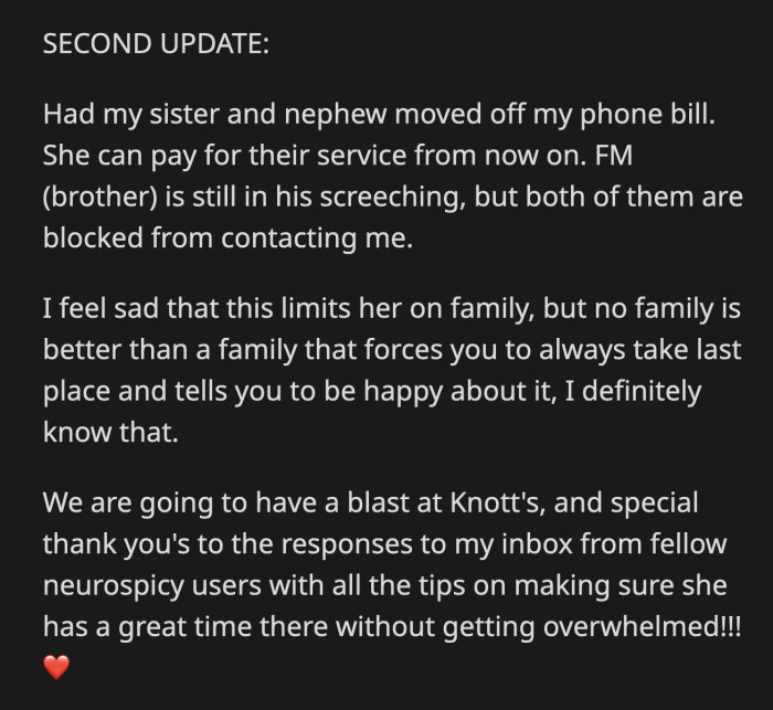 FM (flying monkey) is OP's nickname for her older brother. She is also starting to cut her sister off by removing her from their phone plan.