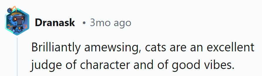 Paws-itively brilliant! Cats know good vibes when they see them.