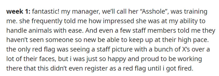 In week 1, the new job felt great with praise for OP's skills, but the staff photo marked with X's only raised concerns after they were fired.