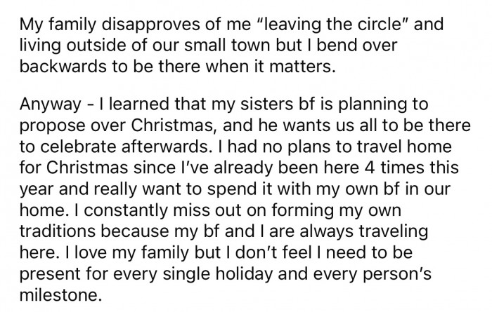 The sister's boyfriend planned to propose soon and wanted OP to attend the celebration.