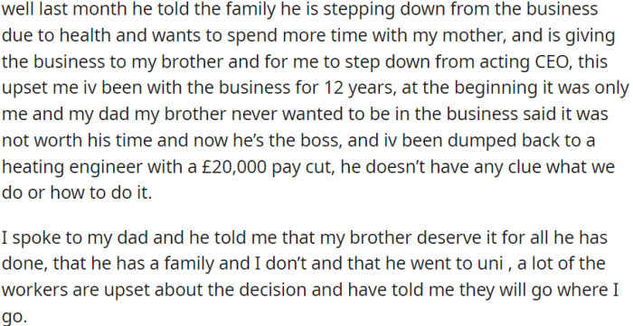 Last month, OP's father announced his decision to step down from the family business and pass the business on to the OP's brother