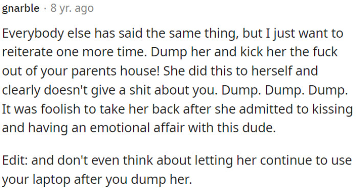 She's shown a lack of care for OP, and it was a mistake to take her back after she confessed to the affair.