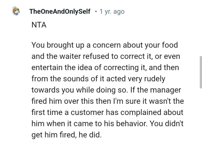 The OP Only Brought Up His Concerns About His Food