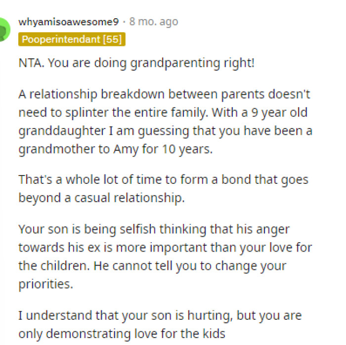 She is absolutely doing grandparenting right, and it's so important for her to stand her ground here.