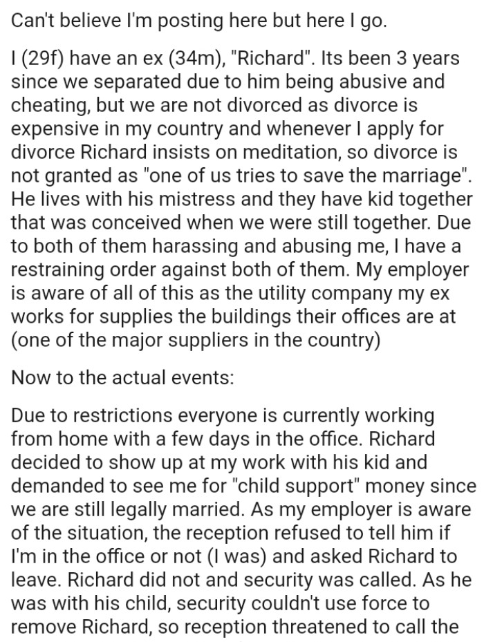 OP's ex lives with his mistress, and they have a child together that was conceived when they were still together