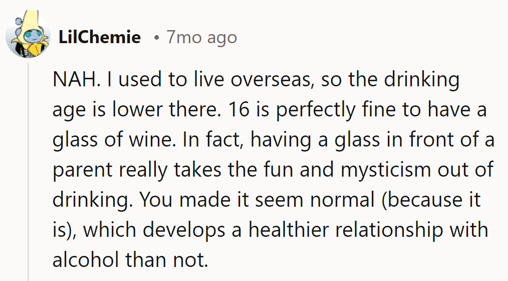 NAH. Overseas experience: lower drinking age. Having a glass with a parent normalizes it, leading to a healthier view of alcohol.