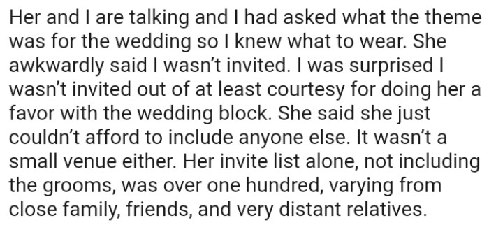 OP's friend said she just couldn’t afford to include anyone else