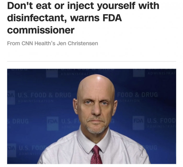 Don't eat or inject yourself with disinfectant, warns FDA commissioner