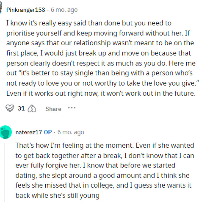 He does need to prioritize himself because, obviously, she's prioritizing herself here, and now it's time for him to focus on himself.