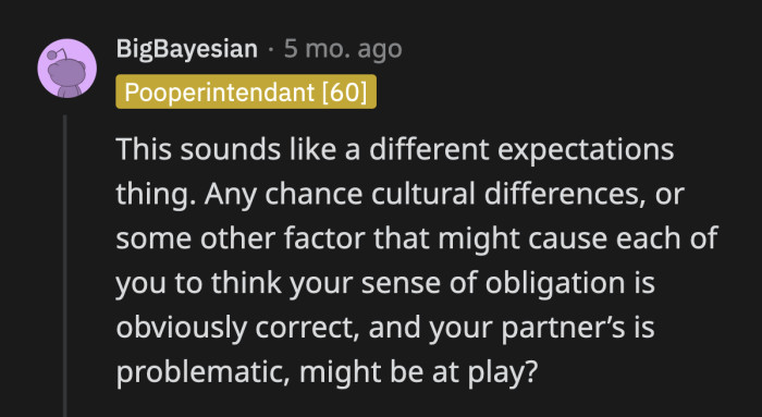 A Redditor surmised that different cultural expectations are at play in OP's situation