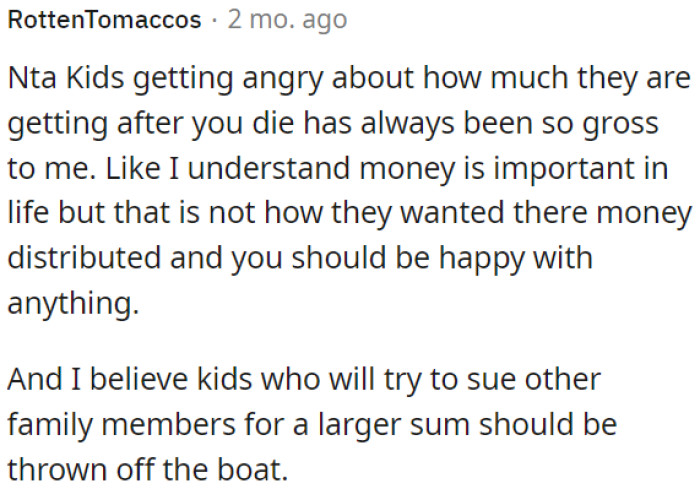 Children being upset about their inheritance after a parent's death is distasteful