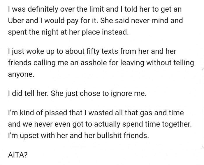 After constantly being ignored, OP decided to leave and bluntly refused to come back to pick up his girlfriend.