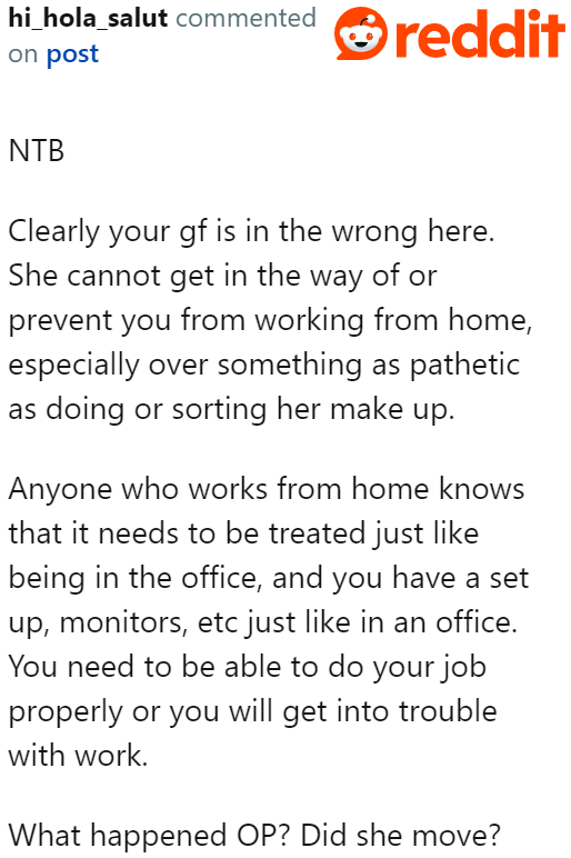 The girlfriend who shouldn't be getting in the way of the OP's work.