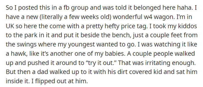 After buying a new W4 wagon in the UK, OP took it to the park with their kids. Some people pushed it around without permission, but things escalated when a dad let his dirty child sit inside without asking, resulting in a heated confrontation.