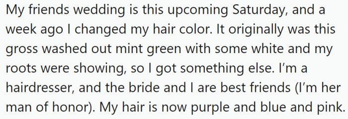 OP, a skilled hairdresser, decided to change his hair color to a mix of purple, blue, and pink just a week before his best friend's wedding, where he was to be the man of honor.