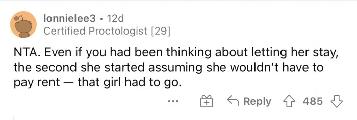 Yeah, I'd have to agree because, at the very least, she should assume she can pay to stay there still.