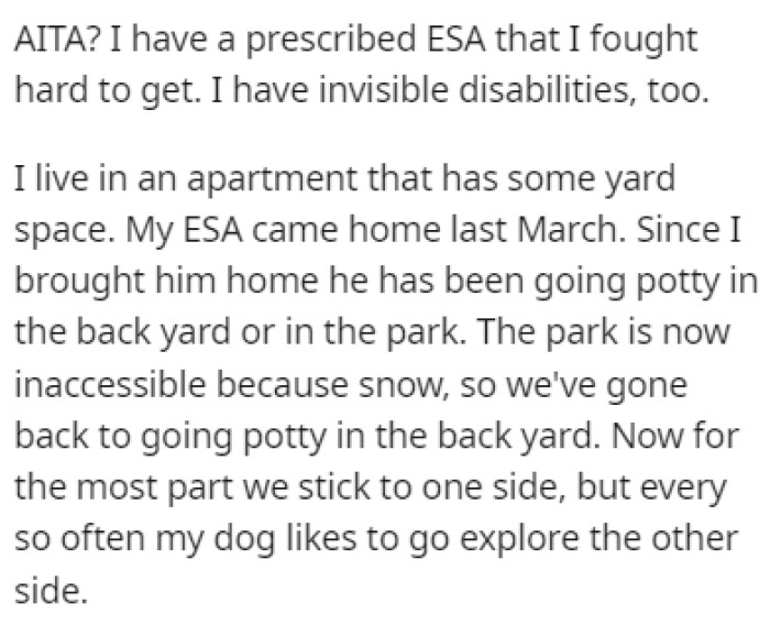 OP has a prescribed emotional support animal because of their invisible disabilities