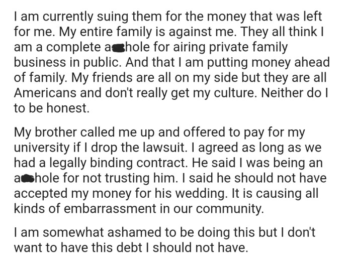 OP has decided to sue her parents, but this hasn't gone down well with her family and members of her community