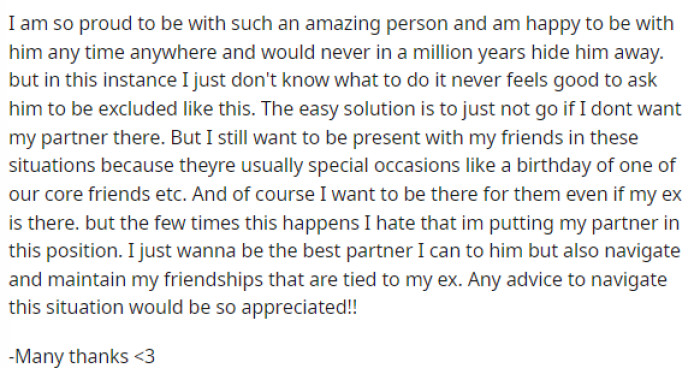 She is clearly just looking for advice, as she doesn't know how to navigate this, but I think she's naive in seeing how she's wrong here too.