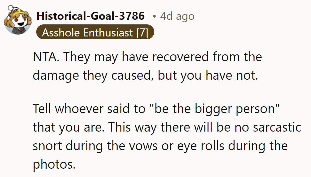 NTA. They've moved on, but she's not ready. Being the bigger person means no eye rolls or snorts.