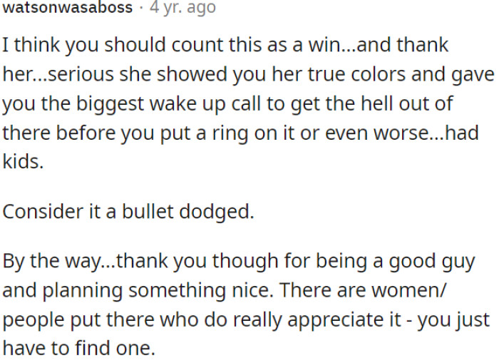 She revealed her true self, saving OP from making a big mistake.