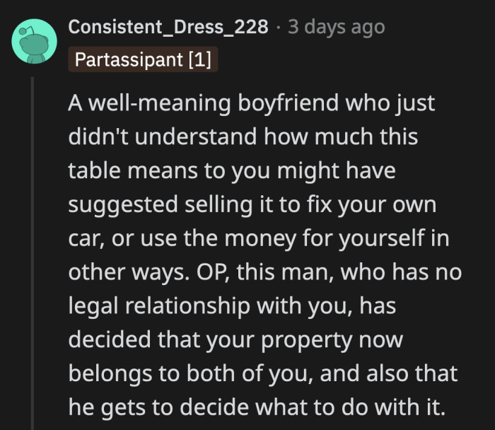 It would have been one thing if he didn't know the story behind the desk, but she told him of its history.