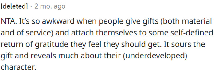 It's awkward when people, like OP's mum, expect something in return for their gifts or favors