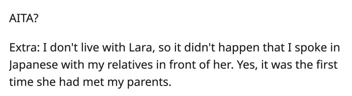 Oh, by the way, that dinner was the first time Lara met OP's parents.