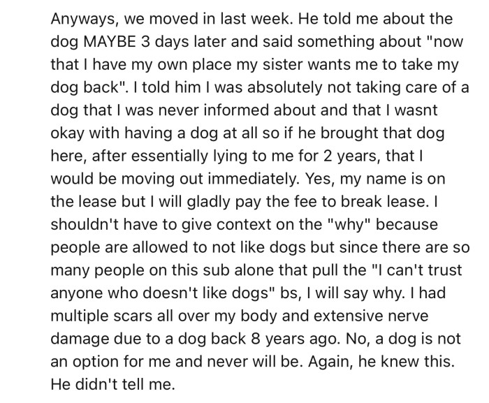 OP’s has threatened to move out of their shared apartment if he takes in the dog