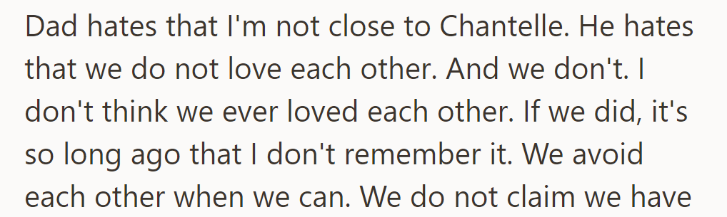 Dad is upset that they're not close or loving. They've never been close and avoid each other.