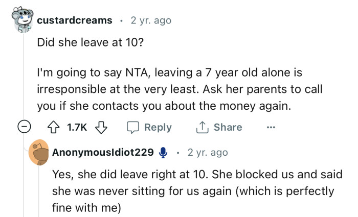 “I'm going to say NTA, leaving a 7-year-old alone is irresponsible at the very least.”