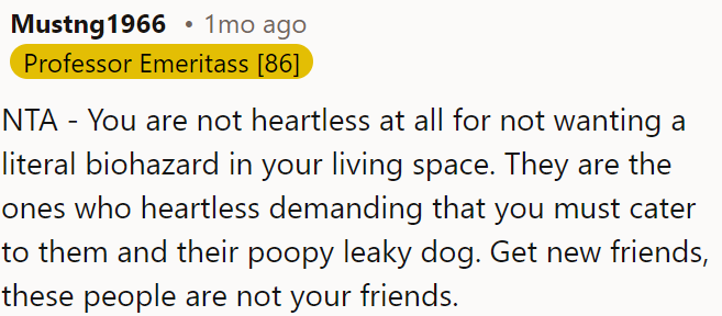 They're being heartless by expecting OP to accommodate their dog's mess.