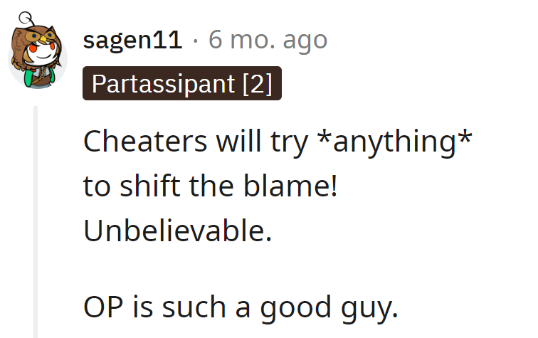 OP, the unsung hero, battling blame-shifting cheaters like a champ!