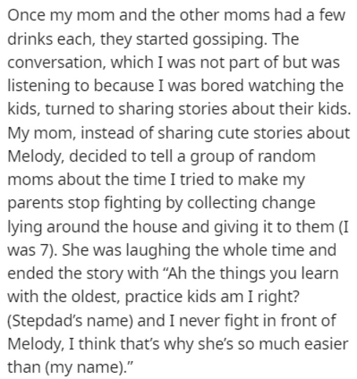 OP's mom was sharing humiliating stories from OP's traumatic childhood
