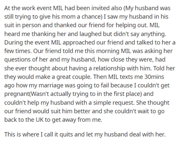 The work event is essentially when she decided that she wouldn't be talking to her MIL anymore, but the text messages really pushed her over the edge.