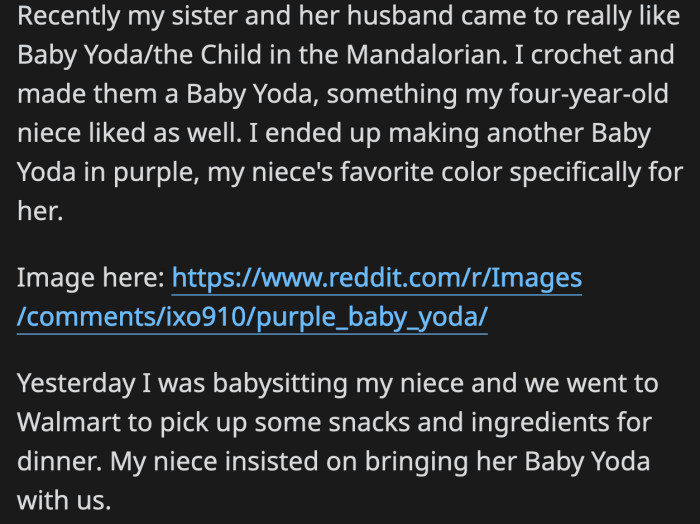 OP's niece loved the baby Yoda so much she insisted with bringing it everywhere