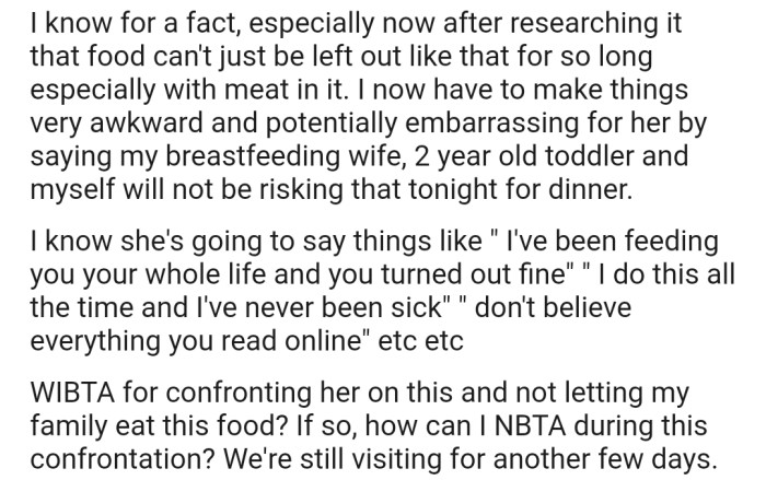 OP Has Decided That Their Family Will Not Eat Their Mother's Food After She Left It Out for 12 Hours