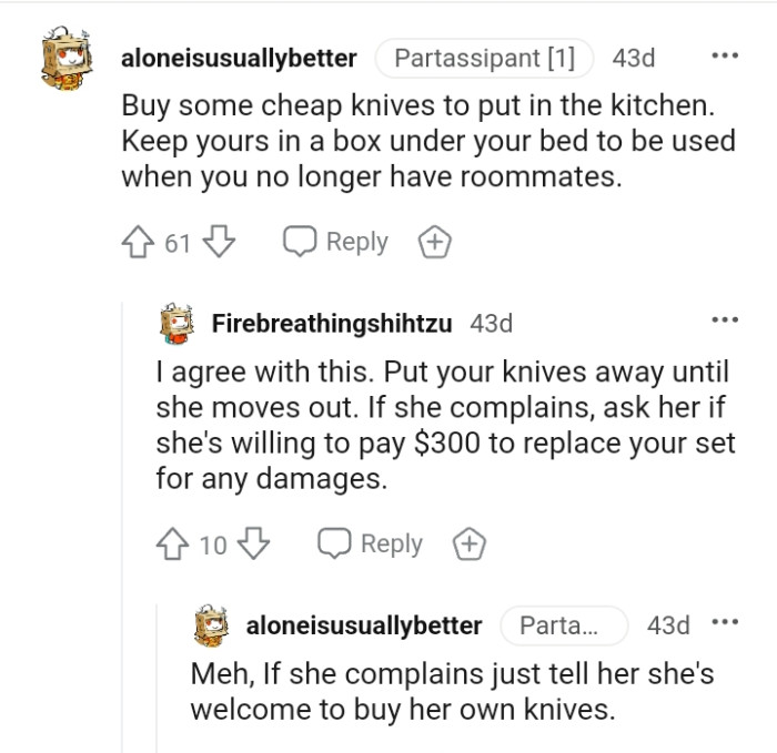 The OP should buy some cheap knives and keep them in the kitchen