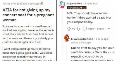 Redditor Gets Called A Heartless A-Hole For Refusing To Give Up Seat In A Concert For A Pregnant Woman