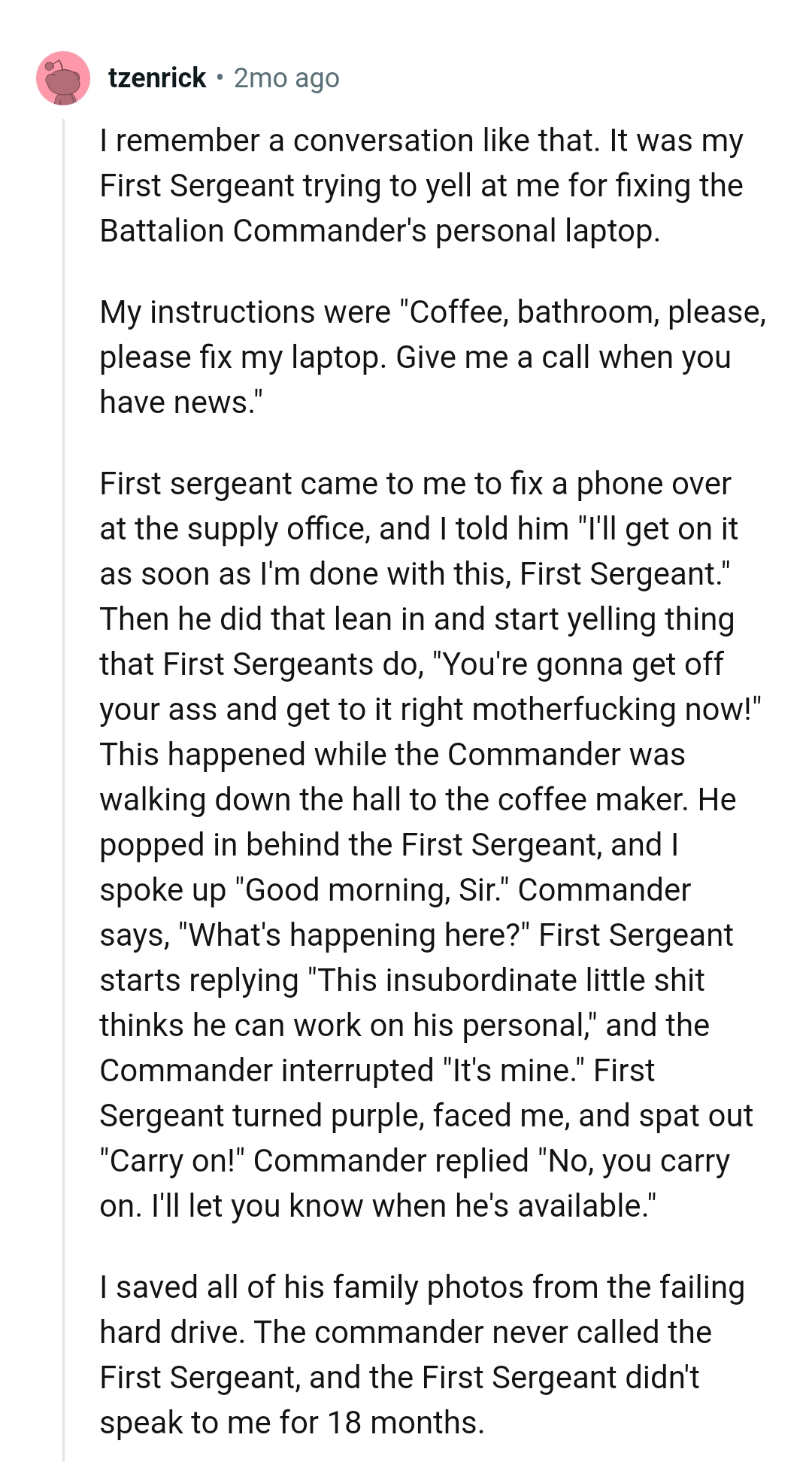 A first sergeant came to this Redditor to fix a phone over at the supply office
