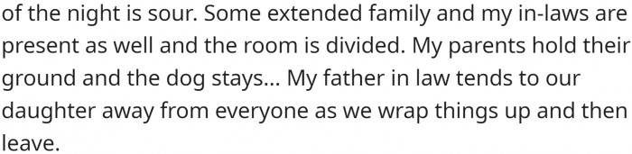 Some extended family and in-laws were present, and the room was divided.