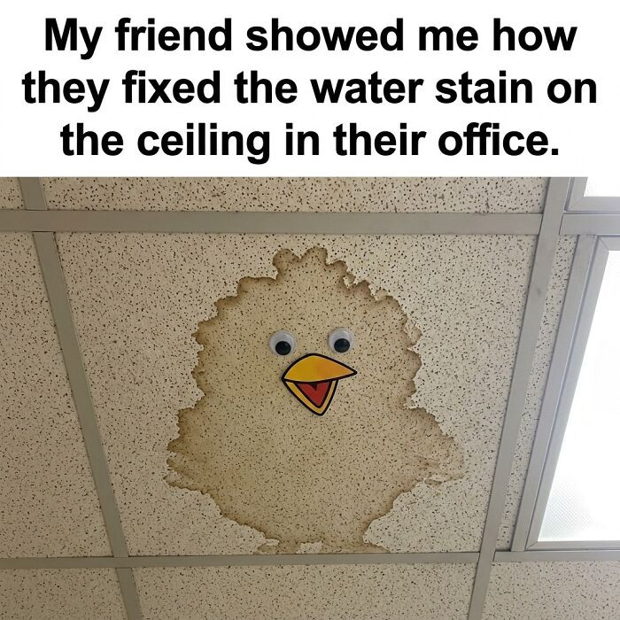 "Instead Of Replacing The Tile, They Added Googly Eyes And A Beak — And Now The Water Stain Is Officially A Baby Chick"