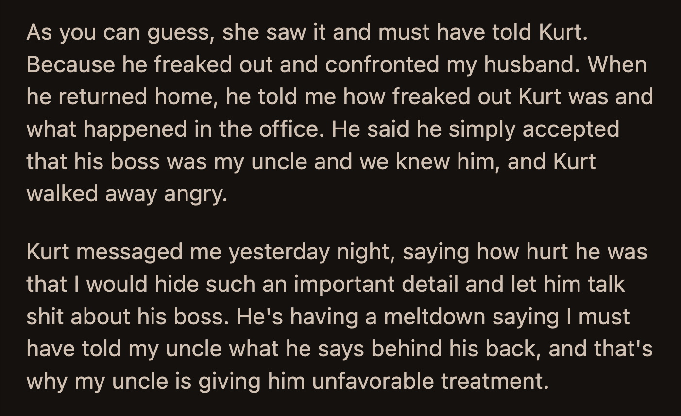 How her uncle handles his business is entirely up to him. OP had no input on how he managed his employees.