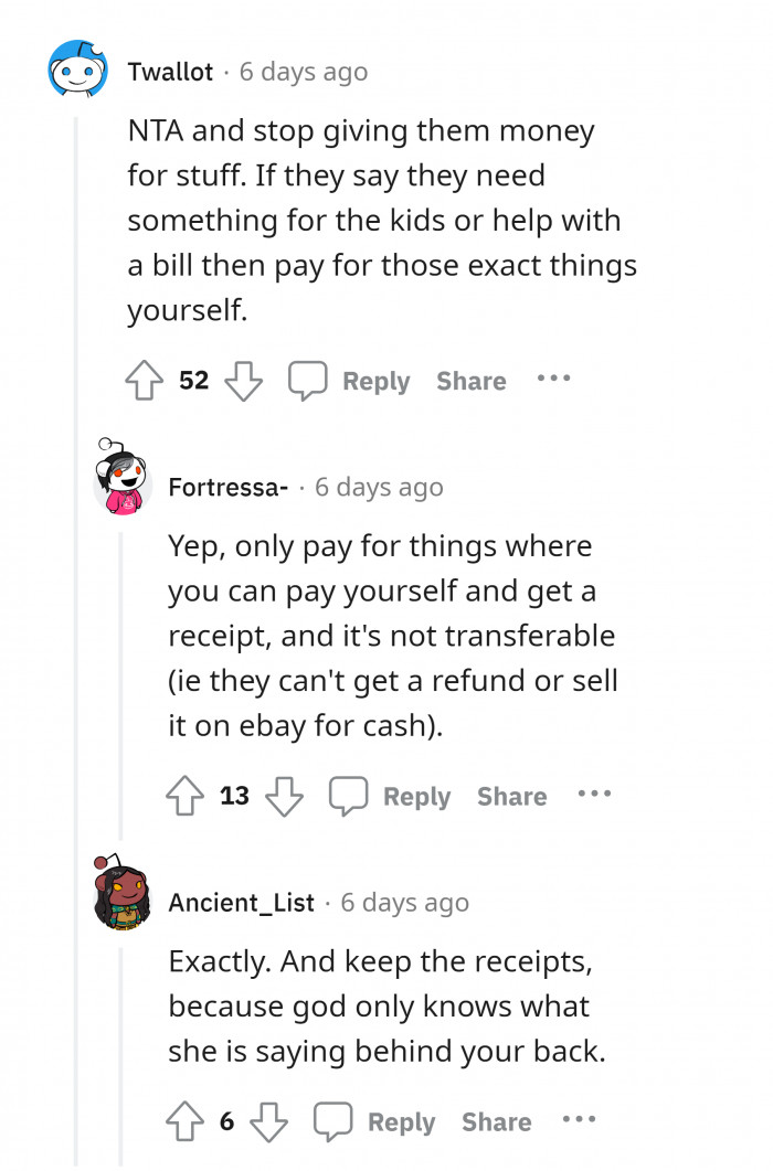 12. OP cannot rely on her daughter in terms of the money that she's giving them for her grandchildren.