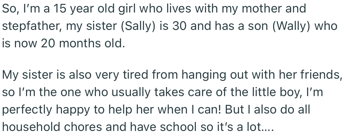 OP has been helping to babysit her nephew for a while now