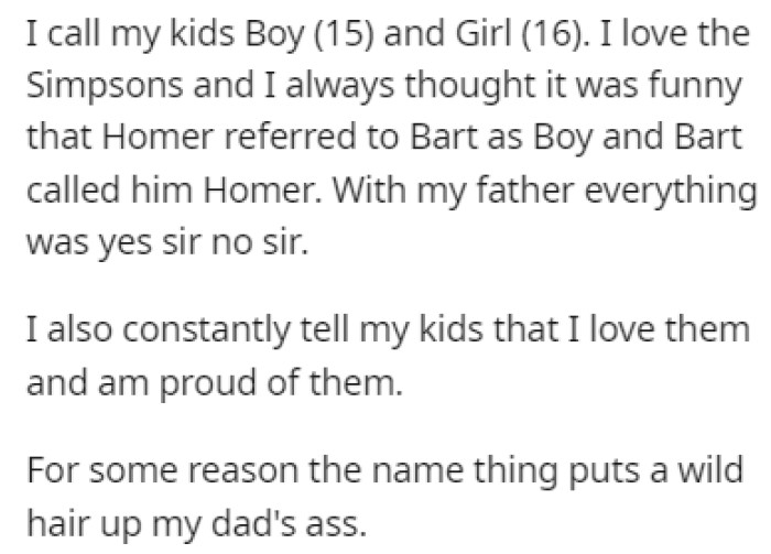 OP calls her kids Boy and Girl, taking inspiration from Homer Simpson
