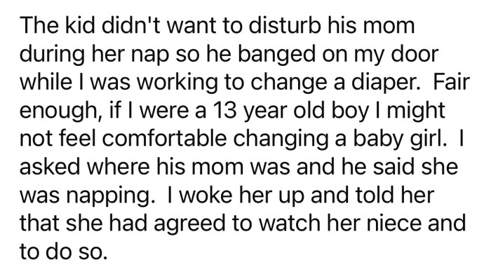 The 13-year-old boy knocked on OP's door because he didn't want to change the diaper.