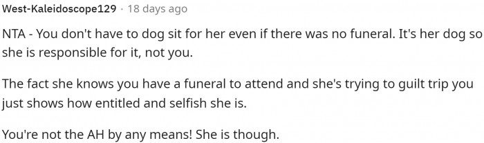 Exactly this; she wasn't obligated to watch the dog even if there was no funeral. People need to understand that they are responsible for their own dogs.