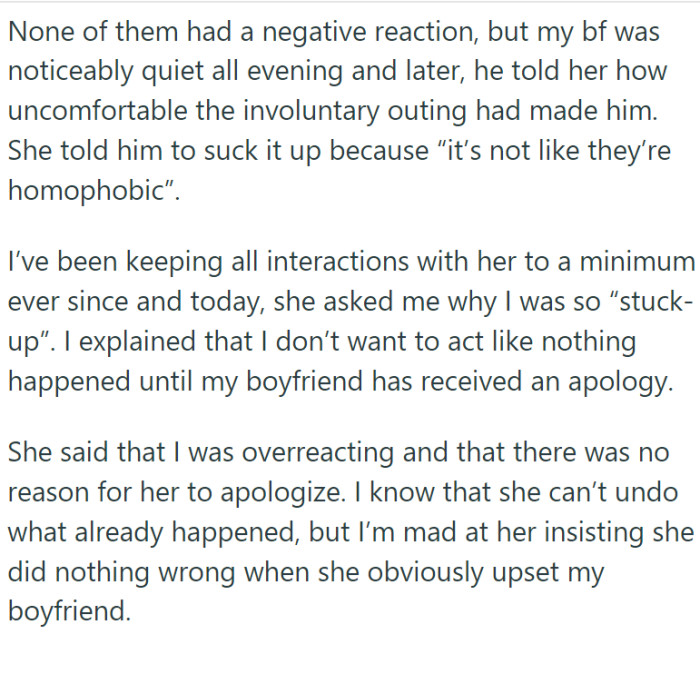 When the roommate had friends over, she introduced OP's boyfriend as his partner, outing him without his consent.